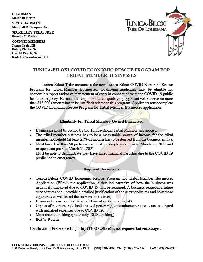 TUNICA-BILOXI COVID ECONOMIC RESCUE PROGRAM FOR TRIBAL-MEMBER BUSINESSES